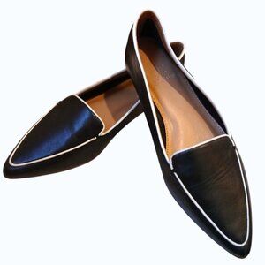 J. CREW Edie Black Leather White Piping Pointy Toe Slip on Flats - Like New